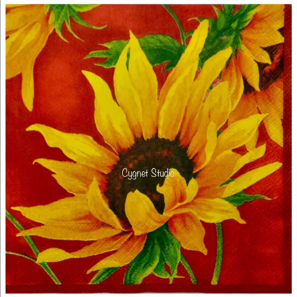 Two (2) INDIVIDUAL Sunshine Red Mirasol Sunflower Decoupage Cocktail Napkins